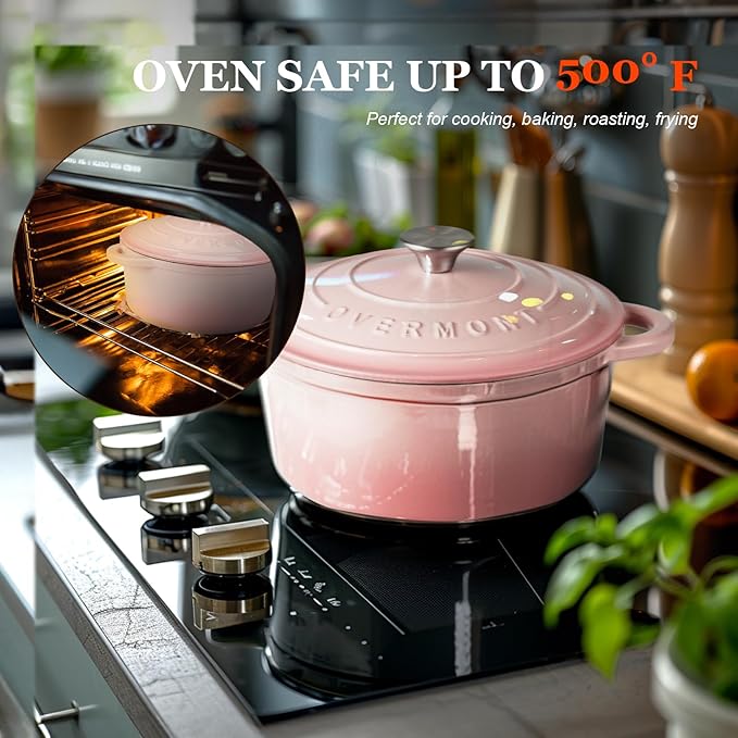 Overmont Enameled Cast Iron Dutch Oven - 4.5QT Pot with Lid Cookbook & Cotton Potholders - Heavy-Duty Cookware for Braising, Stews, Roasting, Bread Baking pink