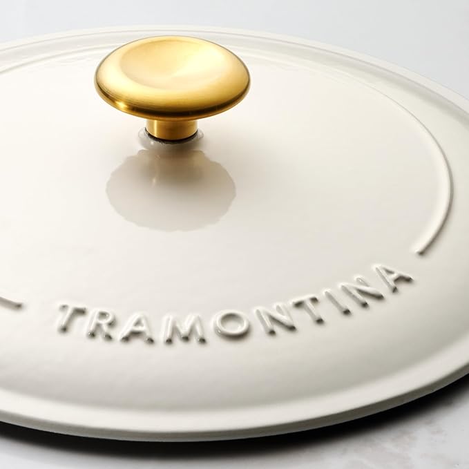 Tramontina Bestow Enameled Cast Iron Sauce Pan with Lid, 2.5-quart, Latte with Gold Knob