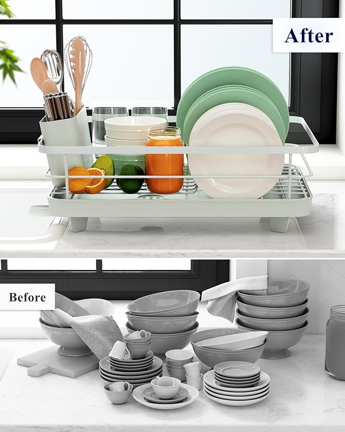 Kitsure Dish Drying Rack for Kitchen Counter, Stainless Steel Sink Organization and Storage Essentials with Cutlery Holder, Home and Appartment Decor, 12''W x 15.5''L, Light Grey