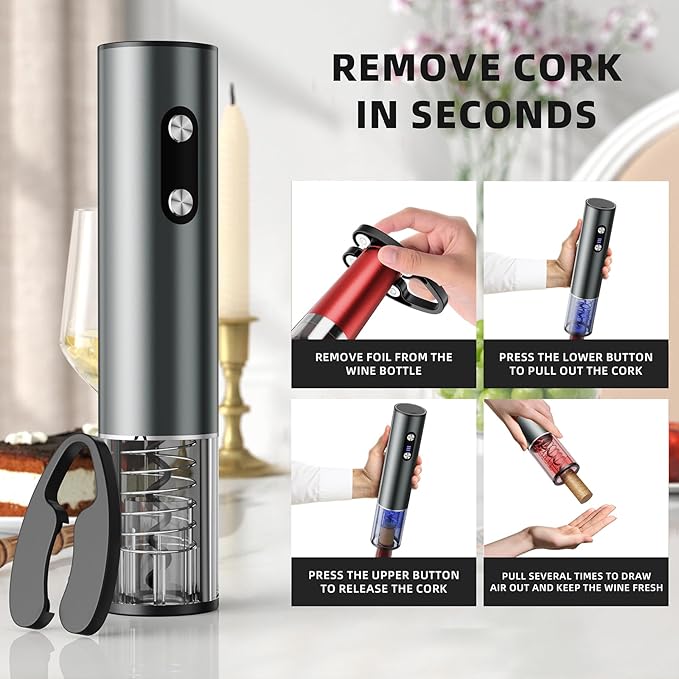 Rechargeable Electric Wine Opener Gift Set: Wine Opener, Aerator, Vacuum Stoppers & Foil Cutter - Wine Lovers Gifts for Women Men, Mom