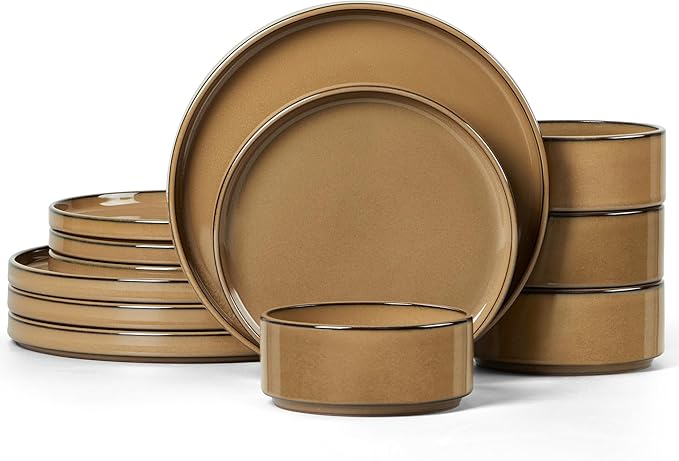 LIANYU Dinnerware Plates and Bowls Sets for 4, 12 Piece Modern Stoneware Dishes Set, Elegant Ceramic Dining Dishware for Dinner, Rustic Terracotta Bottom, Microwave & Dishwasher Safe, Amber Gold