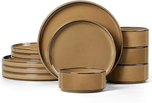 LIANYU Dinnerware Plates and Bowls Sets for 4, 12 Piece Modern Stoneware Dishes Set, Elegant Ceramic Dining Dishware for Dinner, Rustic Terracotta Bottom, Microwave & Dishwasher Safe, Amber Gold