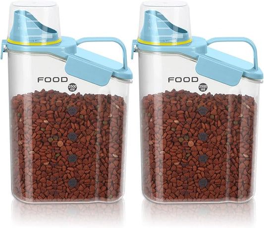 Dog Food Storage Container, Upgraded Large Nozzle BPA-free, 3-5 LBS Plastic Pet Food Storage Containers, With 4 Sealed Clasps, 1 Measuring Cup and Handle (Sunshine Blue)