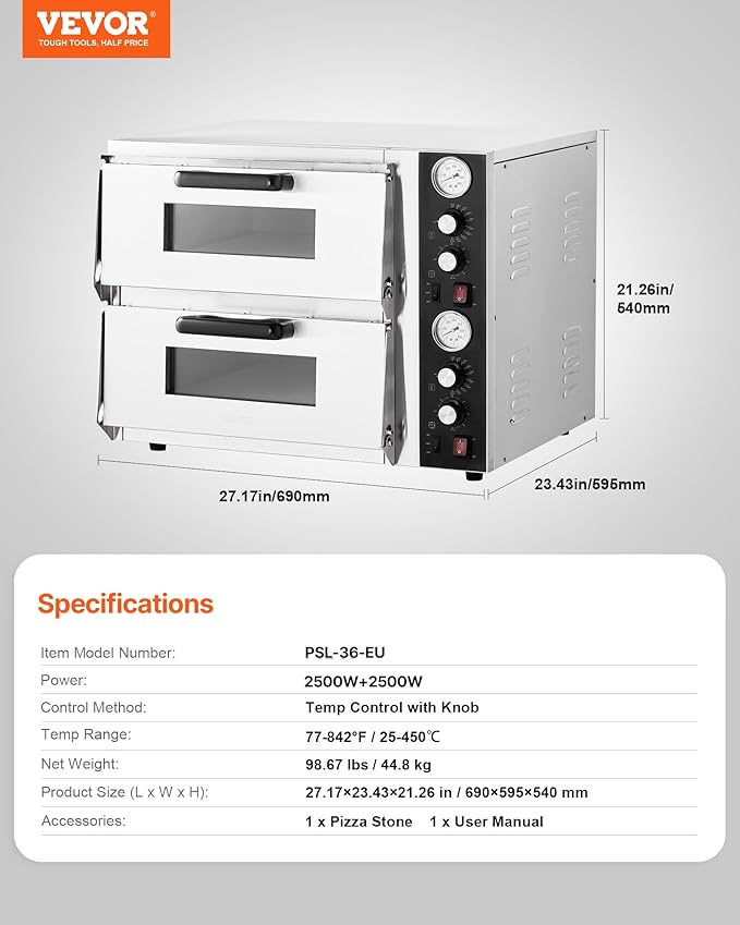 VEVOR Pizza Oven Electric, 18" Double-Deck Commercial Countertop Pizza Oven, 842°F Max Temp, Indoor Pizza Maker with Thermometer, Independent Upper & Lower Temp Control & Timer for Home Restaurant