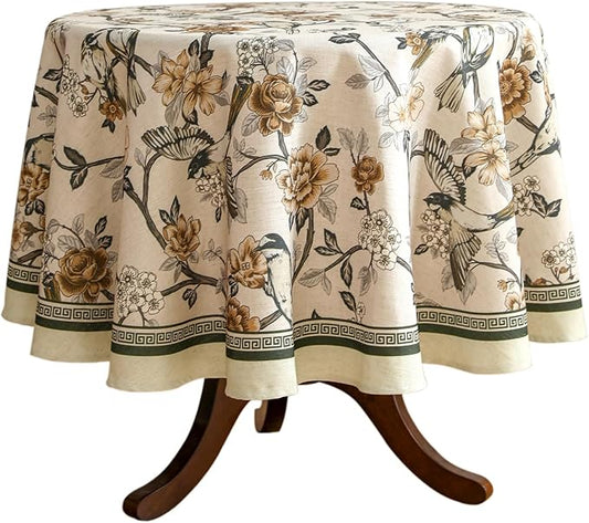 Floral Tablecloth for Round Tables,Linen Table Cloth with Yellow and White Flowers Pattern,Heavy Durable Table Cover for Dining Thanksgiving Kitchen Decor Party Christmas,Diameter 55"