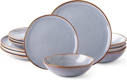 AmorArc Ceramic Dinnerware Sets,Handmade Reactive Glaze Stoneware Plates and Bowls Sets,Highly Chip and Crack Resistant Dishware | Dishwasher & Microwave Safe Dishes, Service for 4 (12pc)