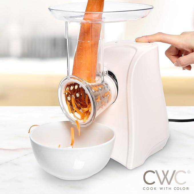 COOK WITH COLOR 5-in-1 Electric Slicer, 150W Food Prep Machine – Cheese Shredder, Fine & Coarse Graters, Potato Grater, Vegetable Slicer, Fruit, Salad Shooter, Compact Design for Bowl Prep, Cream