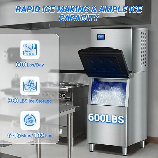 Commercial Ice Maker Machine 650LBS/24H with 350LBS Ice Storage Bin – 182 Cubes per Cycle in 6-15 Mins, Stainless Steel Industrial Ice Machine for Restaurants, Bars, Cafes & Business Use