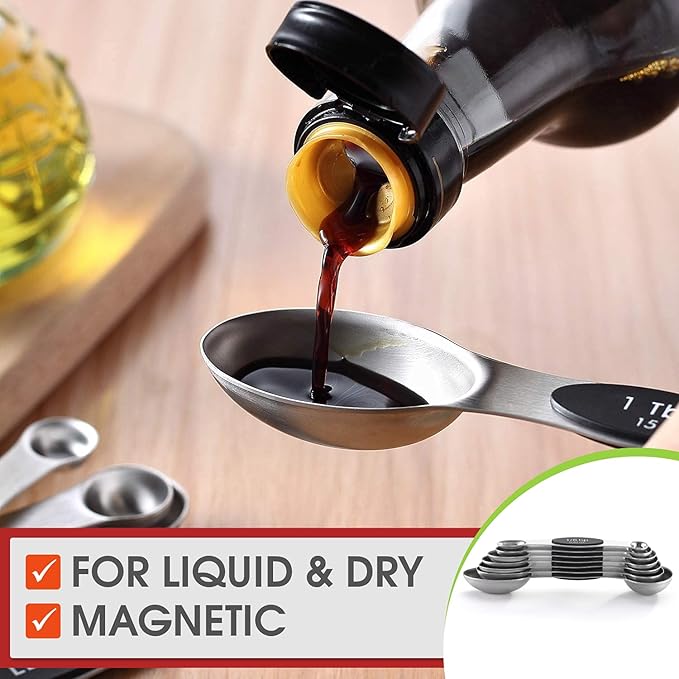 Spring Chef Stainless Steel Magnetic Measuring Spoons Set of 8 with Leveler, Dual Sided Metal Teaspoon & Tablespoon Measuring Spoons, Nesting Kitchen Gadgets for Baking & Cooking - 2 Pack - Black