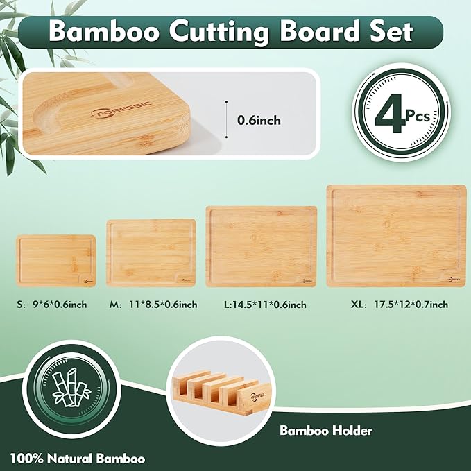 Bamboo Cutting Board Natural Bamboo Set With Smooth Surface 4 Packs with Non Slip Feet Holder and Over Sink Solid Thick Durable Wood Charcuterie Serving Tray Vegetables Fruits Kitchen Gifts (Natural)