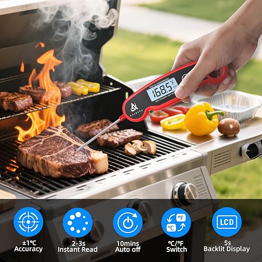Aurasky Instant-Read Meat Thermometer Digital for Cooking and Grilling, Waterproof Food Thermometer with Backlight, Calibration & Hold Function for Kitchen, BBQ, Deep Fry, Candy, Liquid (Red)