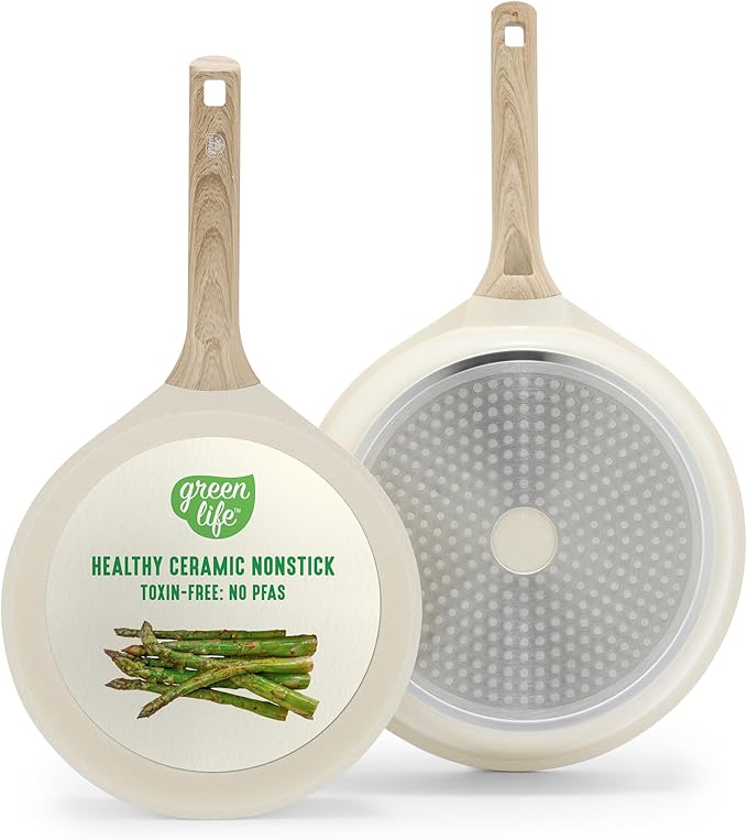 GreenLife Nonstick 2 Piece Frying Pan Set, 9.5" & 11" Skillets Ceramic PFAS-Free Nontoxic, Induction Suitable, Wood Print Handles, Stay-Cool Handles, Deep Cooking Skillets, Egg Pan, Granite Cream