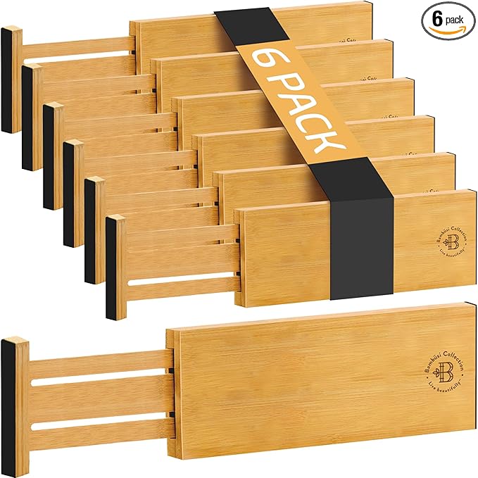 6 Pack Drawer Dividers 6 Inch High, 11”-17" Adjustable Bamboo Organizers Large Expandable Drawer Separators for Cloths, Dresser, Bedroom, Bathroom, Baby Drawer, Office & Kitchen Utensils (Natural)