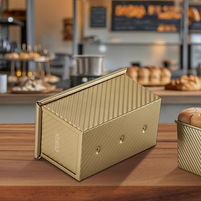 CURTA Commercial Pullman Loaf Pan with Lid 1 lb Dough Capacity Non-Stick Bakeware for Baking Bread, Corrugated Bread Toast Mold with Bread loaf pan, Champagne Gold 2pcs