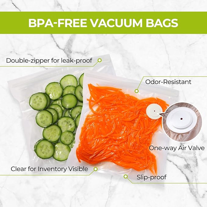 Reusable Vacuum Sealer Bags for Food with Air Valve, 30 Pack BPA‑Free Food Saver Bags Dishwasher‑Safe, Freezer,Microwave, Odor-Resistant, Leak‑proof for Leftovers, Meal Prep, Sous Vide, BBQ