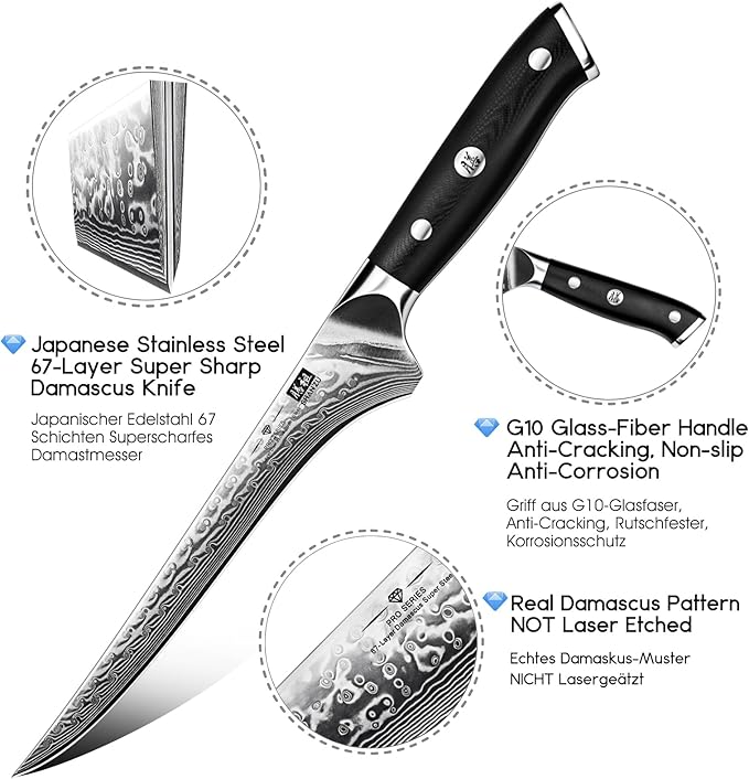SHAN ZU 7 Inch Fillet Knife, Japanese Steel Damascus Boning Knife, Professional Sharp High Carbon Super Steel Kitchen Utility Knife with Ergonomic G10 Glass Fiber Handle