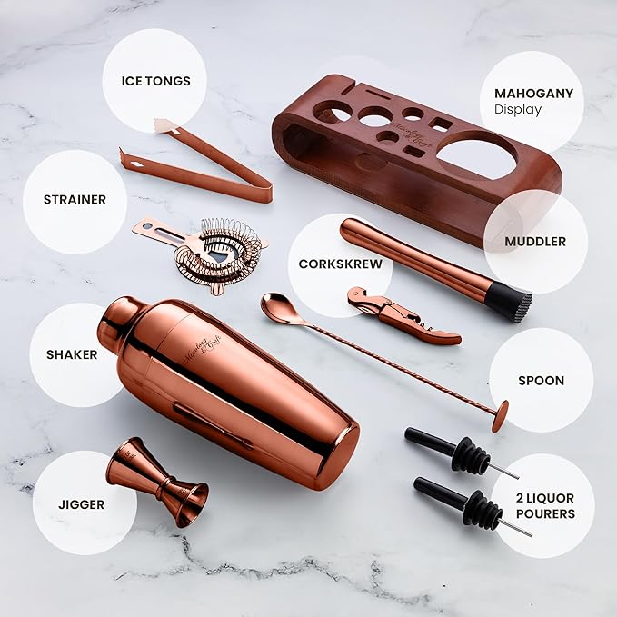 Mixology & Craft Bartender Kit: 10-Piece Cocktail Shaker Set with Dark Bamboo Stand | Complete at Home Bar Set with Bar Accessories | Great Housewarming Gift | Leak-Proof Design (Copper)