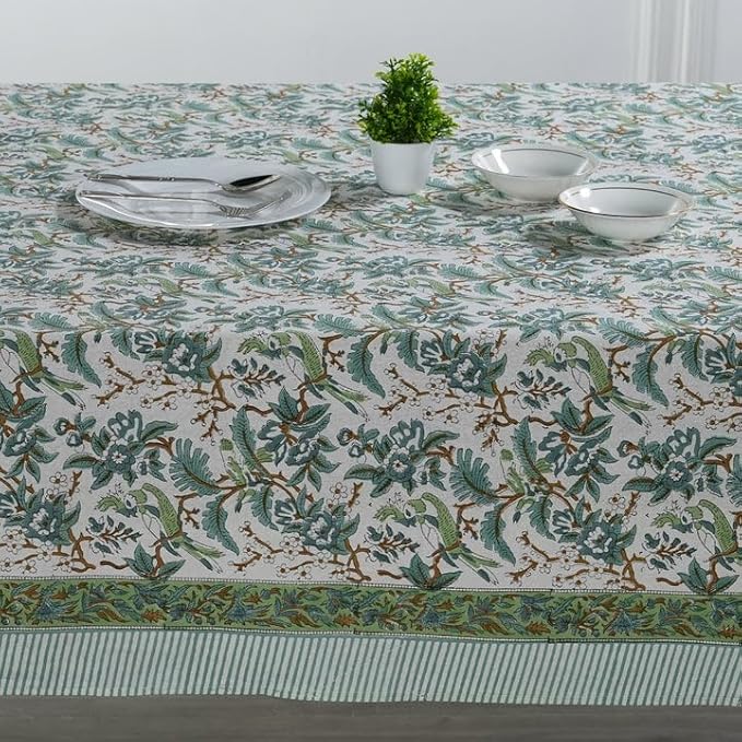 Ridhi Sage and Russian Green Hand Block Print Cotton Rectangle Tablecloth 190 x 72 inch-Reusable Table Cover Decorative Everyday Use for Dining Room, Farmhouse, Thanksgiving, Christmas Wedding, Fall