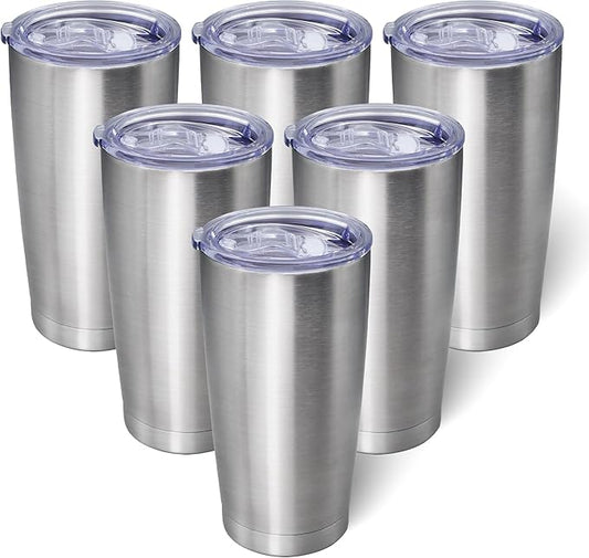 20oz Tumbler Bulk Stainless Steel Tumblers with Lid Vacuum Insulated Double Wall Travel Coffee Mug Powder Coated Tumbler Cup for Hot and Cold Drinks(Stainless Steel, 6 pack)