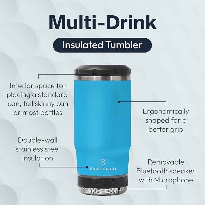 Chill & Brew, Insulated Can & Bottle Holder, Bluetooth Cup with Speaker, Fits 12 oz Cans, Skinny Cans, Most Bottles & Cold Drinks, Water Blue
