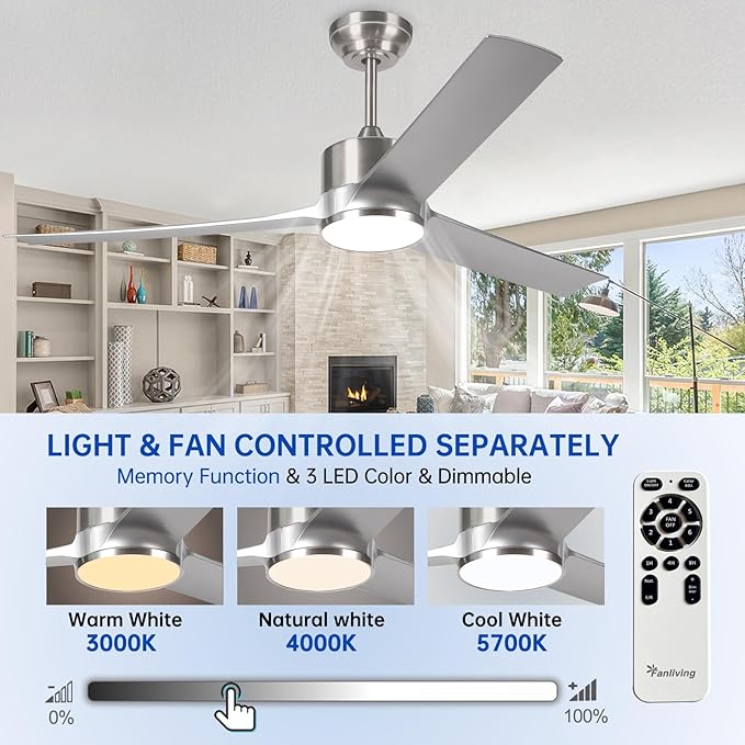 52 Inch Modern Silver Ceiling Fan with Filters Lights Remote Control, Quiet DC Motor/Dimmable 3 Color LED/6 Speed High CFM/3 Blade Indoor Ceiling Fans for Bedroom/Living Room