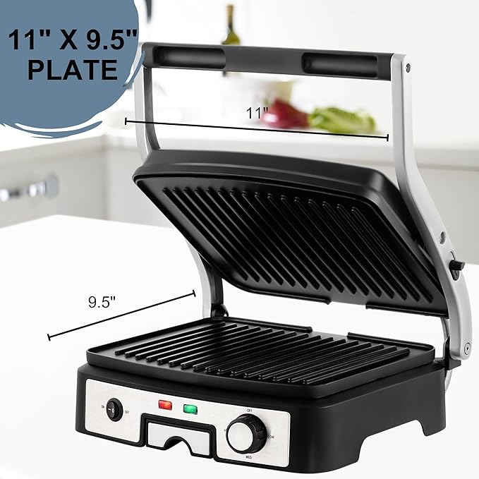 OVENTE Electric Panini Press Sandwich Maker, 1500W Indoor Grill with Non-Stick Coated Plates, Temperature Control & Removable Drip Tray, Opens 180 Degrees to Fit Any Type/Size of Food, Silver GP1861BR