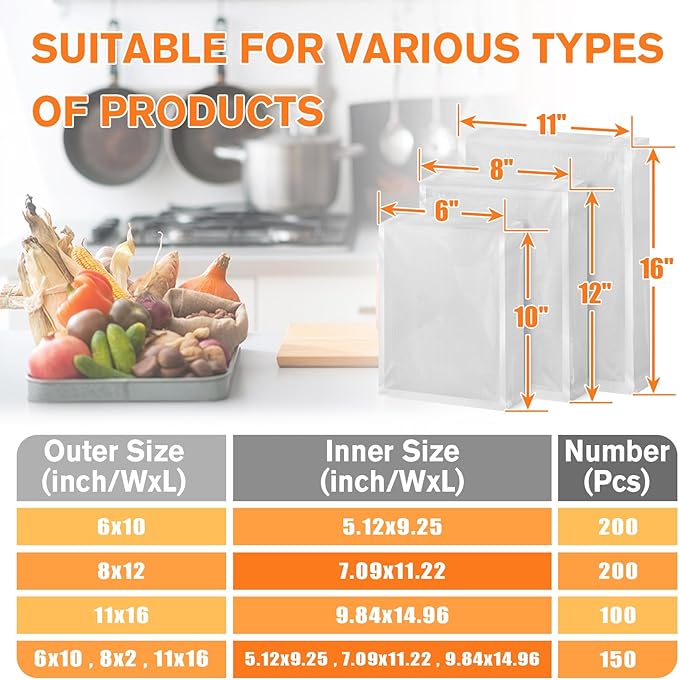 FUNFERY Precut Vacuum Sealer Bags for Food, 100 Gallon 11" x 16", Food Long-Term Storage and Sous Vide Commercial-Grade Bag, BPA Free for Microwave, Boiling,Sous Vide, Refrigerator