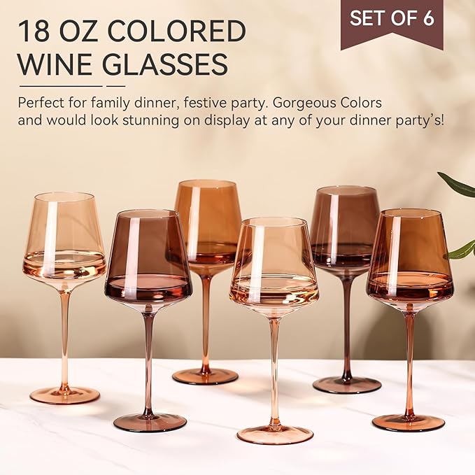 Brown Wine Glasses Set of 6-18oz【Hand Blown】 Crystal Amber Stemmed Venus Wine Glasses-Brown Wine Glass set for Fall Autumn Winter Wine Dinner