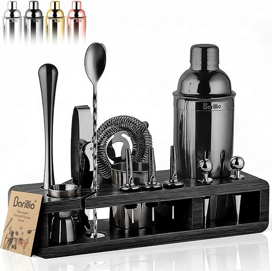 Barillio Black Bartender Kit - Stainless-Steel Cocktail Shaker Set w/Black Bamboo Stand - Mixology Bar Tools w/Drink Shaker, Mixer and Muddler for Cocktails - Home Bar Accessories - 23-Pc Bar Set