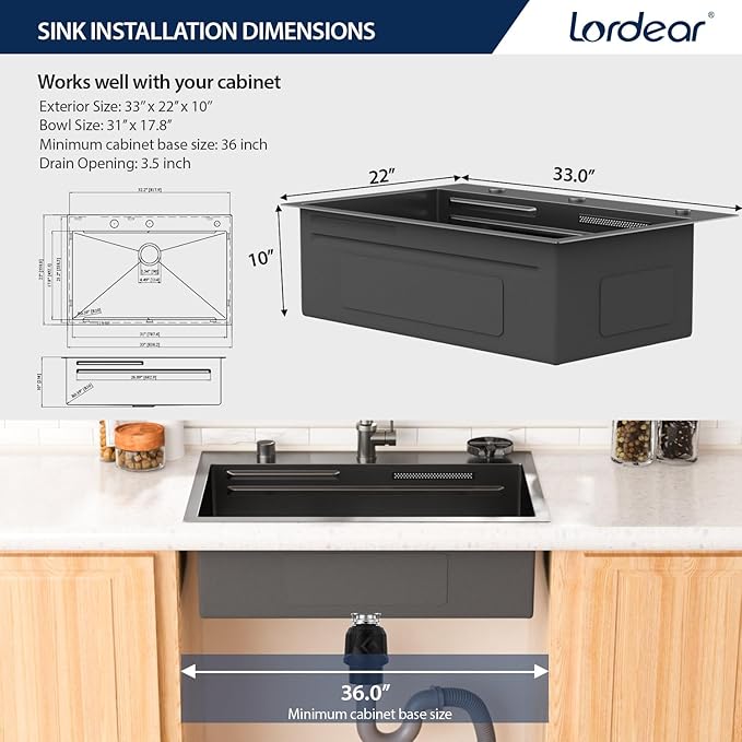 Lordear 33 Waterfall Kitchen Sink Black 33"x22" Drop In Kitchen Sinks Workstation Gunmetal Black 16 Gauge Single Bowl Topmount Handmade Sinks with Pull Out Faucet,Split Faucet Style