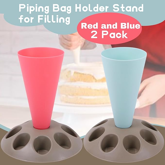 2 Pack Piping Bag Holder – Piping Bag Holder Stand for Filling, Icing Bag Holder, Pastry Bag Holder Stand with 8 Nozzle Slots, Red and Blue