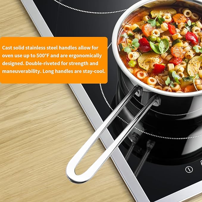 Stainless Steel Pots and Pans Set, 6 Piece Kitchen Induction Cookware Sets with Glass Lids, Works with Induction, Electric and Gas Cooktops, Non Toxic, Oven & Dishwasher Safe