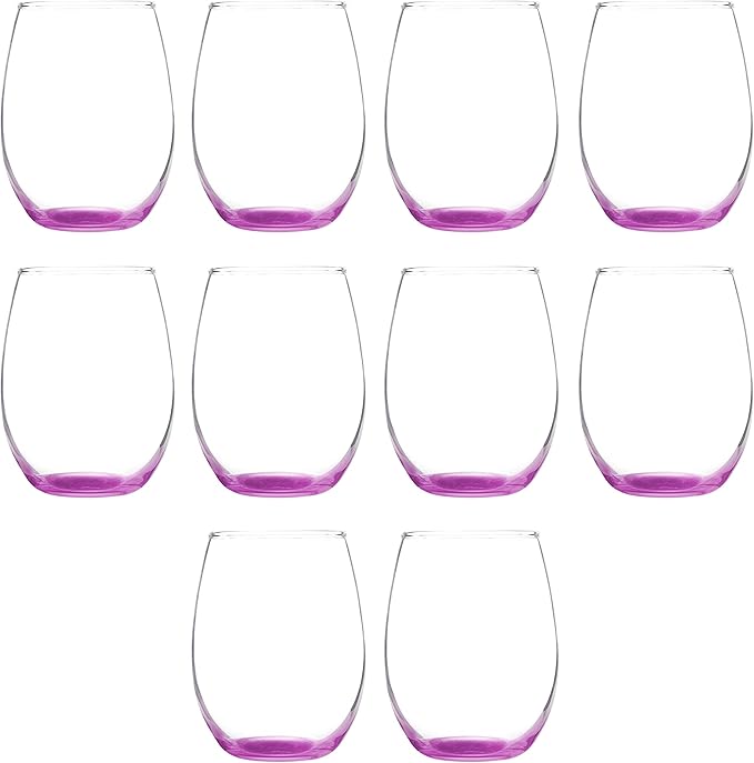 DISCOUNT PROMOS Stemless Wine Glass 9 oz. Set of 10, Bulk Pack - Great for Wedding Favors, Bachelorette Party and More - Pink Bottom Color