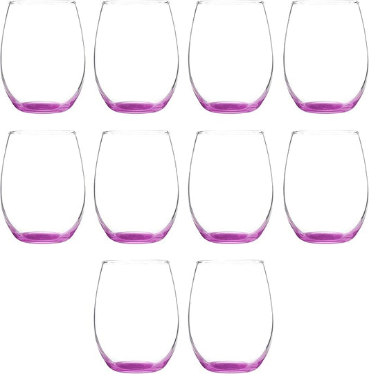 DISCOUNT PROMOS Stemless Wine Glass 9 oz. Set of 10, Bulk Pack - Great for Wedding Favors, Bachelorette Party and More - Pink Bottom Color