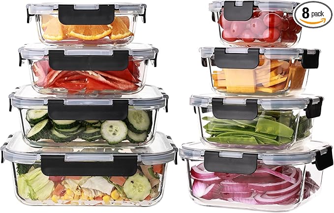 [8 Pack] Glass Meal Prep Containers with Lids, Extra Thick Airtight Glass Food Storage Set (5.1oz–51oz), Leakproof Lunch Boxes for Leftovers, Pantry Storage & Kitchen Organization, BPA-Free