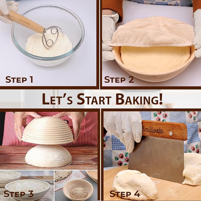 Round Banneton Bread Proofing Basket with Linen Liner, 9” Bread Basket with 6 Essential Bread Making Tools – Natural Rattan Sourdough Banneton Basket Kit for Baking Enthusiasts