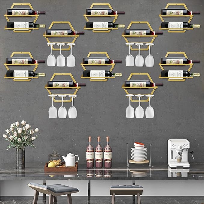 2Pcs Wall Mounted Wine Bottle Stemware Rack, Metal Hanging Wine Display Holder with 3 Stemware Glass Organizer, Red Wine Racks for Home Kitchen Bar Decor (Gold)