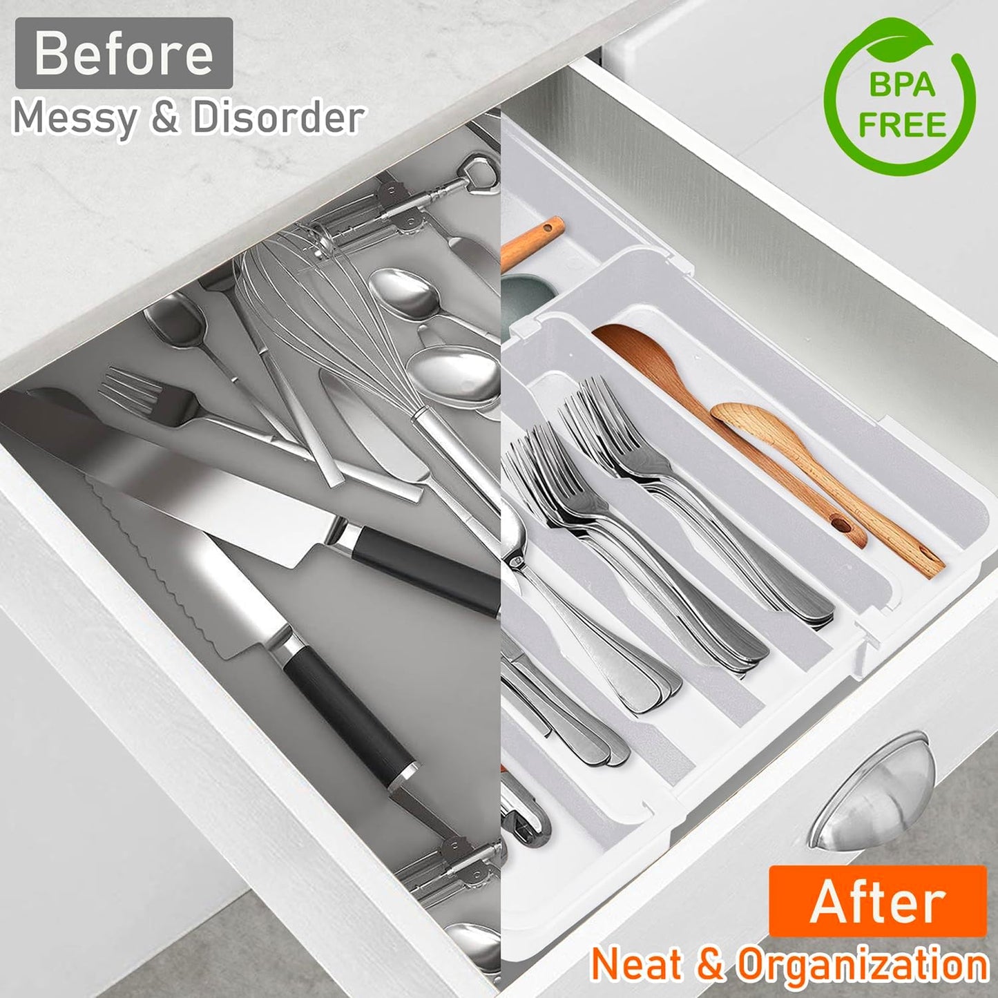 Silverware Organizer - Expandable Kitchen Drawer Organizer, BPA-Free Food-Safe Utensil Drawer Organizer with 7 Compartments, Deep Cutlery Tray for Forks, Knives, White