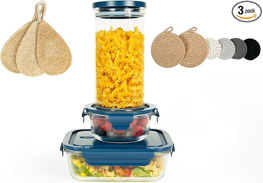 AURADYNE Glass Food Storage Containers with Lids, 3 Borosilicate Meal Prep Containers Reusable (5, 4.4, & 1.75 Cup), 6 Cotton Pot Holder Trivets, 3 Natural Loofah Sponges Lunch Oven Safe/Freezer/Clean