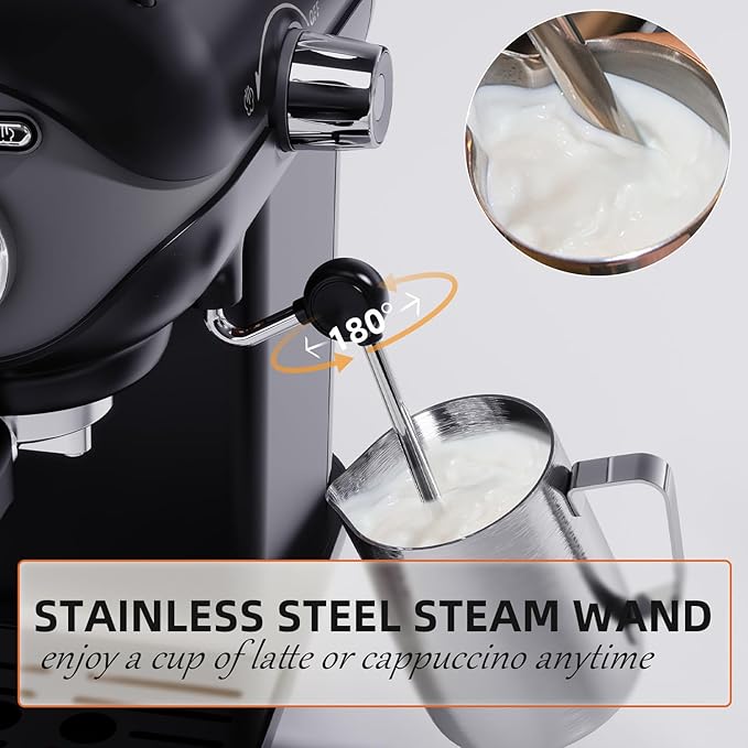 Espresso Coffee Machine, 20 Bar Compact Semi-Automatic Espresso Machine with Milk Frother for home Latte, Cappuccino, Black