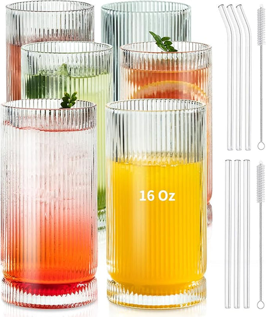 KEMORELA Ribbed Glassware Set of, Origami Style 16 Oz XL Drinking Glasses with Straws, Vintage Glassware Set - Glass Cups, Iced Coffee Cups Perfect for Cocktails, Smoothies, Juice, Beer (6Pcs)