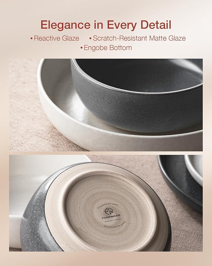 Famiware Milkyway Plates and Bowls Sets, 12 Pieces Dinnerware Sets, Reactive Glaze Dish Set, Stoneware Dishes Set for 4, Matte White & Matte Dark Charcoal