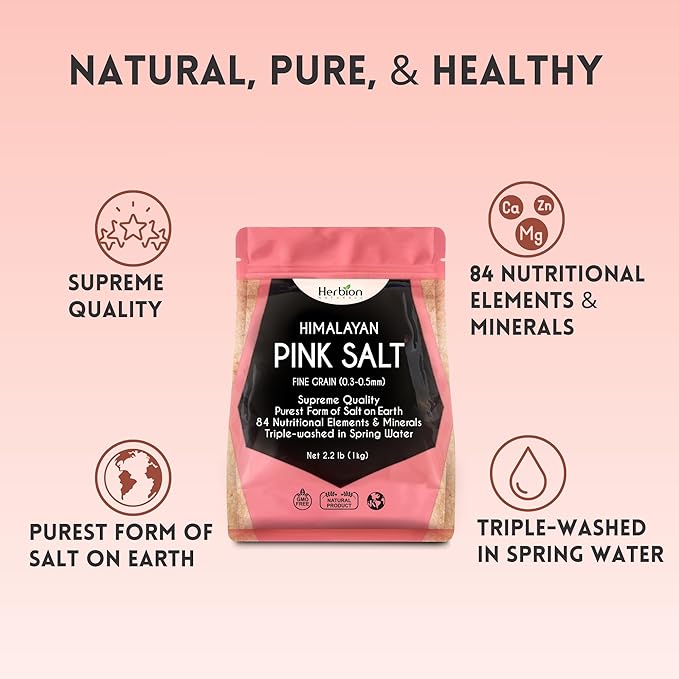 HERBION Naturals Himalayan Pink Salt Pouch Fine Grain, 100% Pure with 84 Minerals for Seasoning, Resealable, Organic, All-Natural Salt, Triple-Washed in Spring Water, Vegan, Kosher Certified