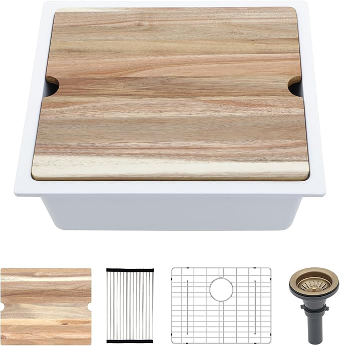 Kichae White Undermount Bar Sink - 21 x 18 Inch Composite Granite Quartz Sink Undermount Wet Bar Prep Kitchen Sinks Single Bowl Basin with Cutting Board