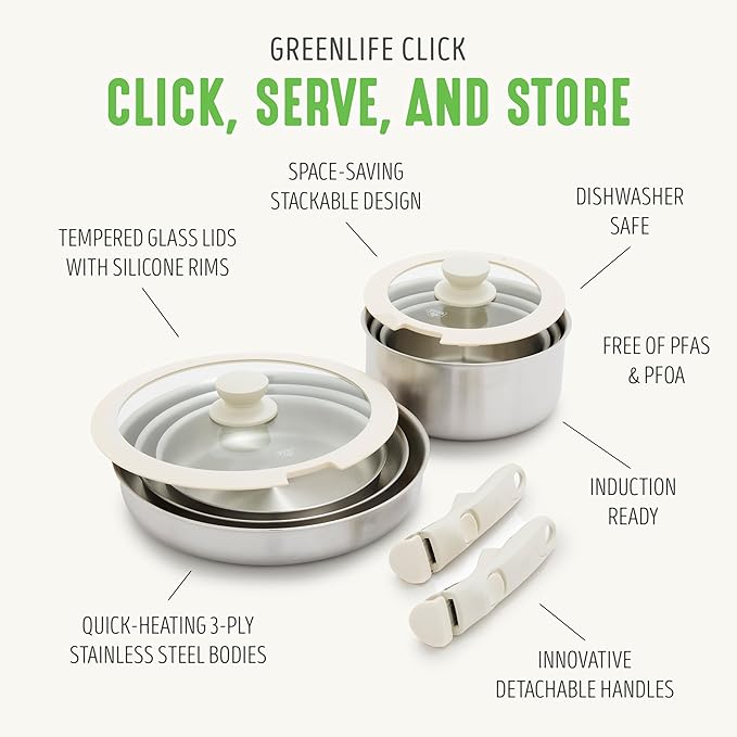 GreenLife 10 Piece Stainless Steel Pots and Pans, Detachable & Stackable Kitchen Set, Tri Ply Clad PFAS Free Cookware, Space Saving with Removable Handle, Induction & Oven Safe, RV Cookware, Glass Lid