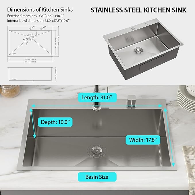 33 Inch Drop In Kitchen Sink - 33x22 Inch Stainless Steel Kitchen Sink Workstation 16 Gauge Single Bowl Deep Basin