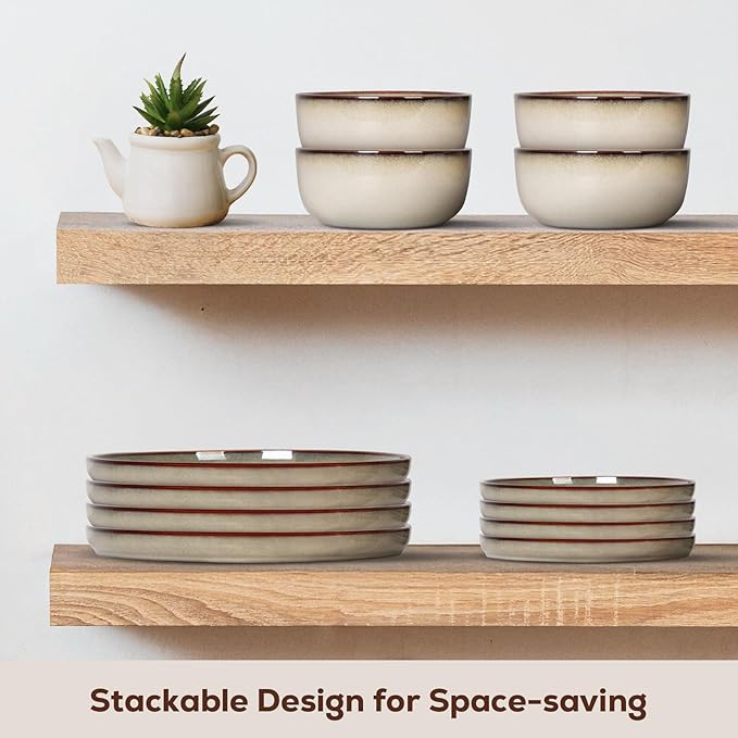 Romswi Dinnerware Set for 4, 16Pcs Stoneware Plates and Bowls Sets with Mugs, Chip & Scratch Resistant Dish Set, Handmade Reactive Glaze Plate Sets, Oven & Microwave and Dishwasher Safe,Wheat Green