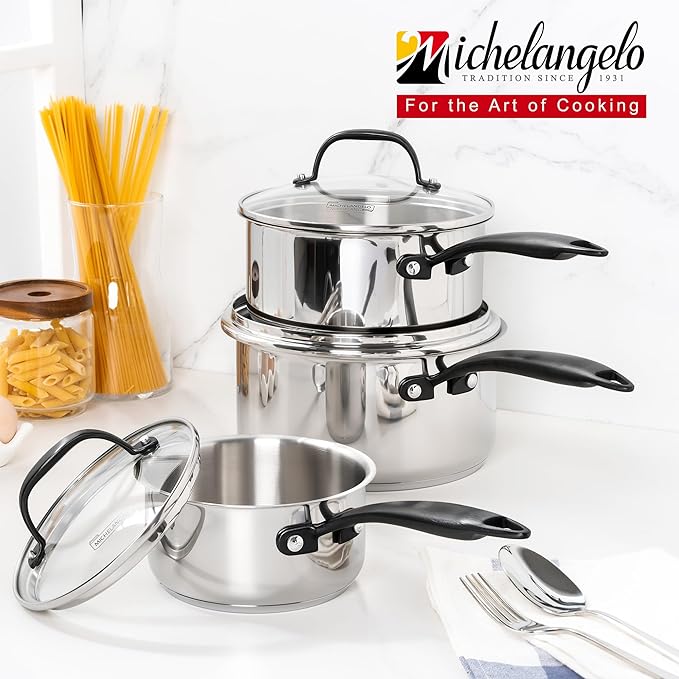 MICHELANGELO Tri-Ply Stainless Steel Saucepan with Lid 6 Pcs, Stainless Steel Sauce Pans with Cool Handle, 6 Pcs Multipurpose Sauce Pots Set for Kitchen Cooking, Induction Compatible, 1QT & 2QT &3QT