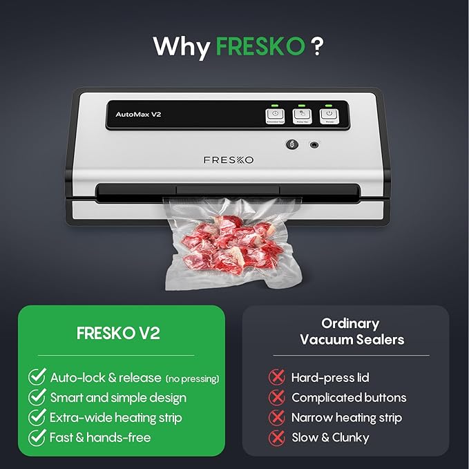 FRESKO Automatic Vacuum Sealer for Food with 95 kPa Powerful Suction, Compact Food Sealer machine Starter Kit with 10 Vacuum Bags for Dry/Moist Food, Sous Vide, Meal Prep