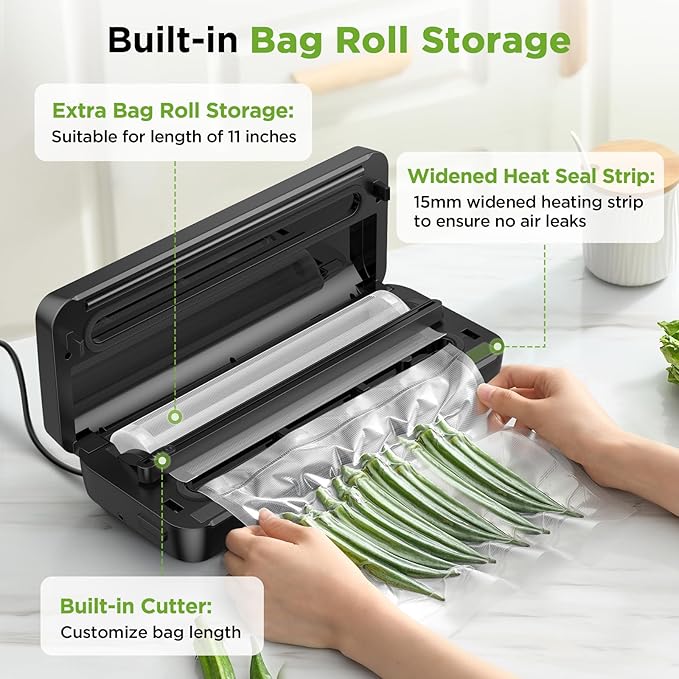 SPACEKEY Vacuum Sealer Machine, 85Kpa Food Vacuum Machine, Food Vacuum Sealer with Bag Roll Storage Space, Dry&Moist Modes, Pulse Function, Built in Cutter, Bag Roll included, Silver